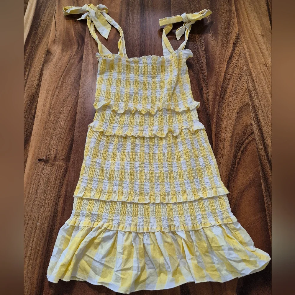 EUC Aqua Yellow Gingham Smocked Mini Dress - Picture 2 of 5